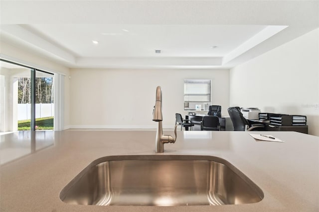 interior details with a tray ceiling and sink