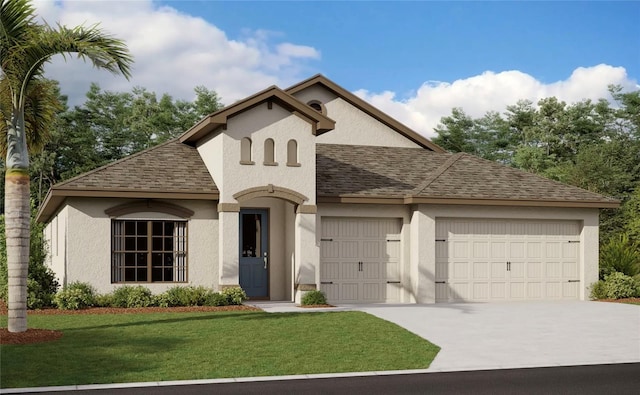 view of front facade with a front yard and a garage