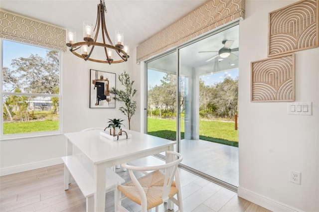 dining area featuring ceiling fan with notable chandelier and light hardwood / wood-style floors