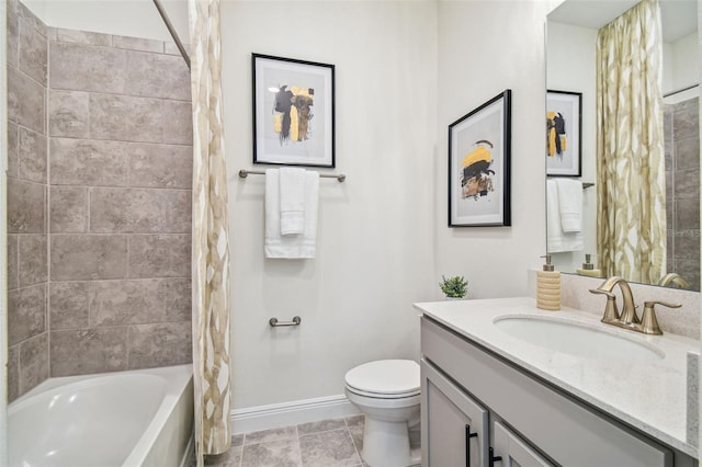 full bathroom featuring shower / bath combo, tile patterned floors, toilet, and vanity