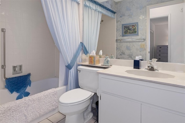 full bathroom with vanity, shower / bath combo, toilet, and tile patterned floors