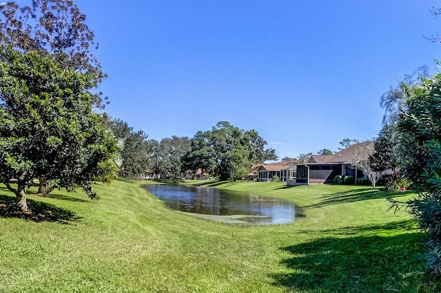 view of community featuring a water view and a yard