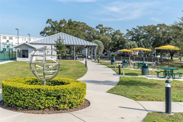 view of community featuring a gazebo and a lawn