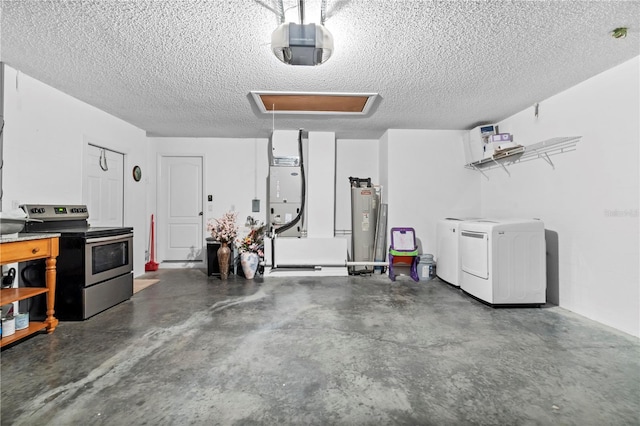 garage with a garage door opener, water heater, heating unit, and washing machine and dryer