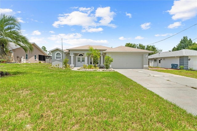 ranch-style house with a front yard and a garage