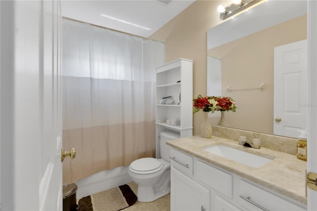 full bathroom with vanity, toilet, and shower / tub combo with curtain