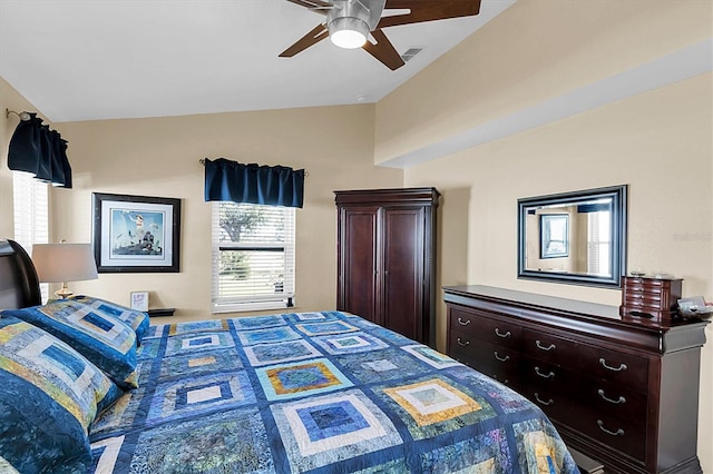 bedroom featuring vaulted ceiling and ceiling fan