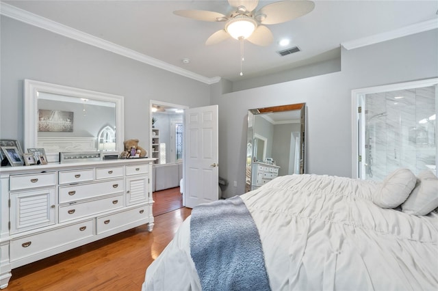 bedroom with ceiling fan, light hardwood / wood-style flooring, and ornamental molding