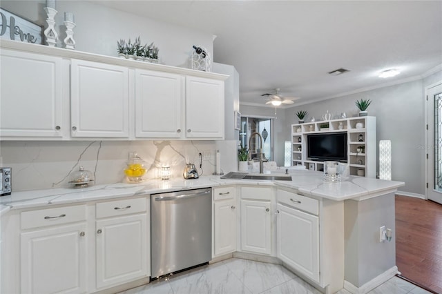 kitchen featuring white cabinetry, sink, stainless steel dishwasher, backsplash, and kitchen peninsula