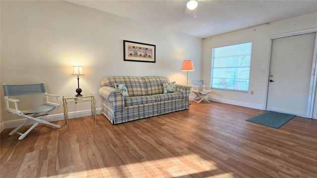 living room featuring a textured ceiling and hardwood / wood-style floors