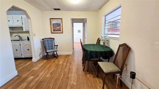 living area featuring sink, light hardwood / wood-style flooring, and a textured ceiling