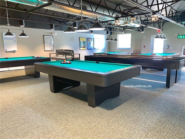 playroom with billiards and carpet flooring