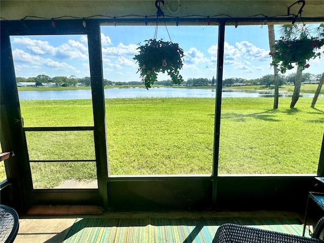 interior space featuring a water view