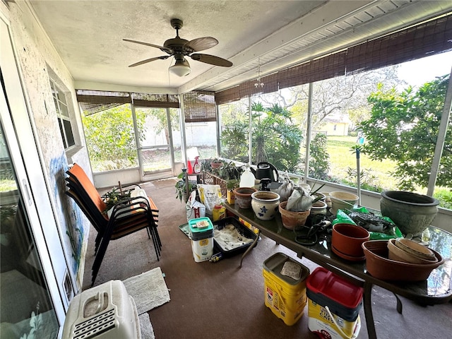 sunroom / solarium featuring ceiling fan