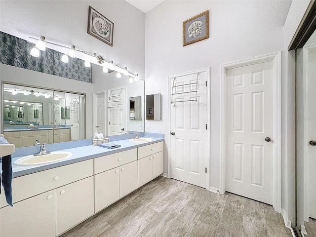 bathroom with vanity, wood-type flooring, and a textured ceiling