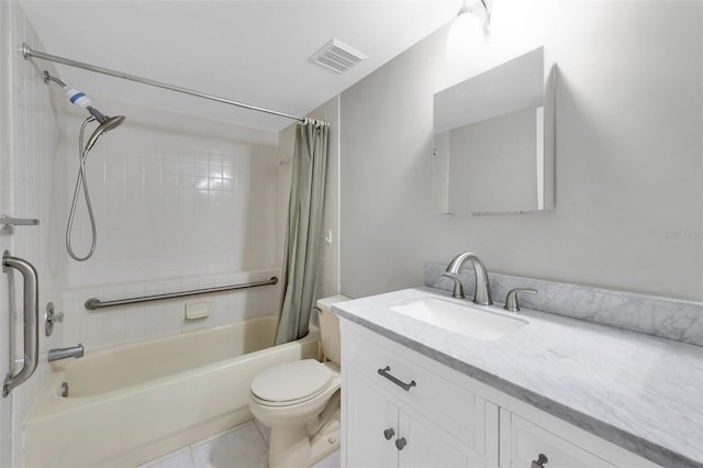 full bathroom with vanity, toilet, shower / tub combo, and tile patterned flooring