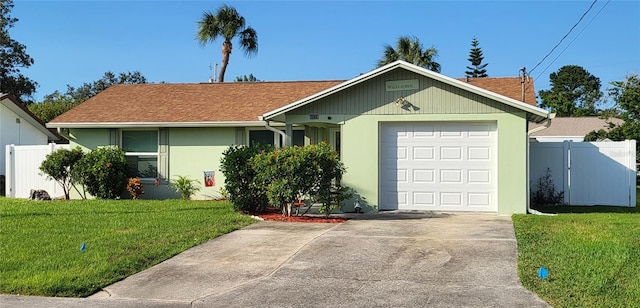 ranch-style house with a front yard and a garage