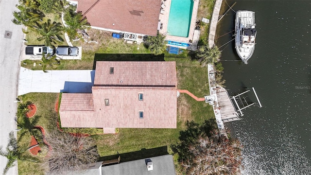 aerial view featuring a water view