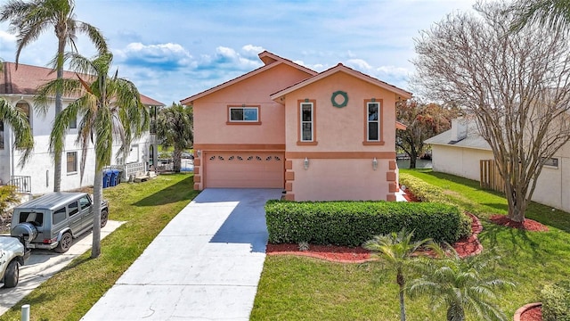 view of front of house with a front lawn, concrete driveway, stucco siding, and an attached garage