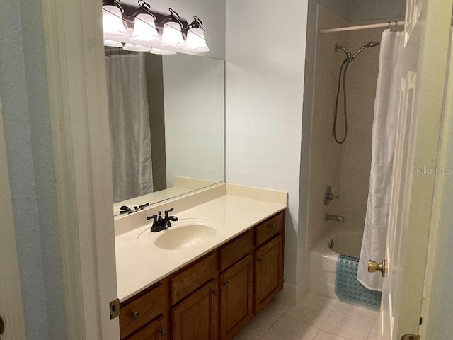 bathroom featuring vanity, tile patterned floors, and shower / bathtub combination with curtain