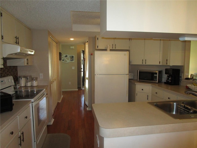 kitchen featuring sink, a textured ceiling, white appliances, and dark hardwood / wood-style flooring