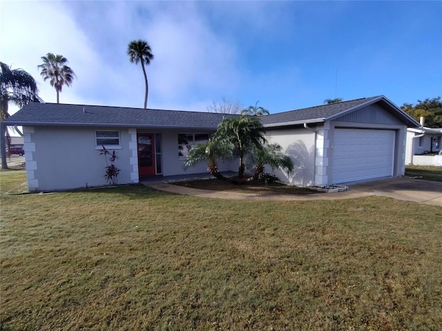 single story home with a garage and a front yard