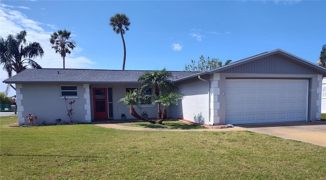 single story home featuring a garage, stucco siding, driveway, and a front lawn