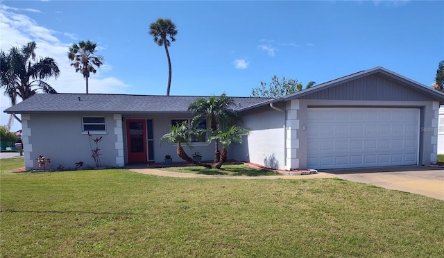 single story home with concrete driveway, stucco siding, an attached garage, and a front lawn