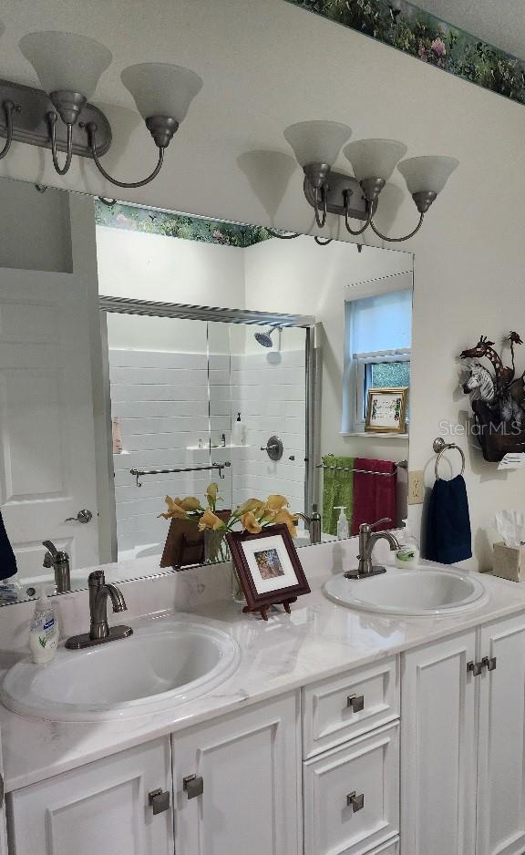 bathroom featuring vanity and a shower with shower door