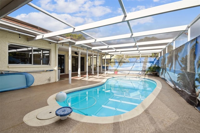 view of swimming pool with a patio area and a lanai