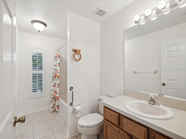 full bathroom with a textured ceiling, shower / bath combination with curtain, toilet, tile patterned floors, and vanity