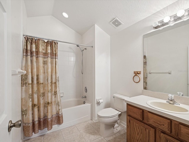 full bathroom featuring shower / bath combo, toilet, lofted ceiling, vanity, and tile patterned flooring