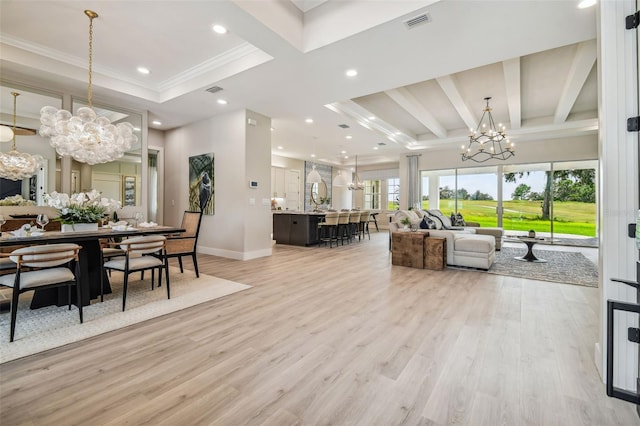 living room with beam ceiling, coffered ceiling, a notable chandelier, and light hardwood / wood-style floors