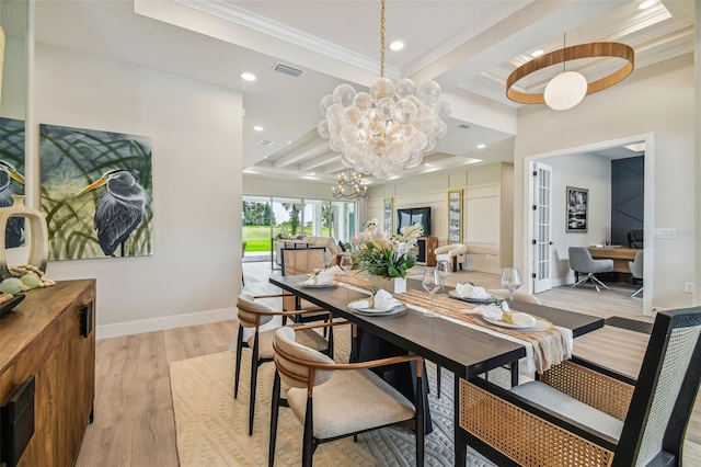 dining room with crown molding, beam ceiling, light wood-type flooring, and an inviting chandelier