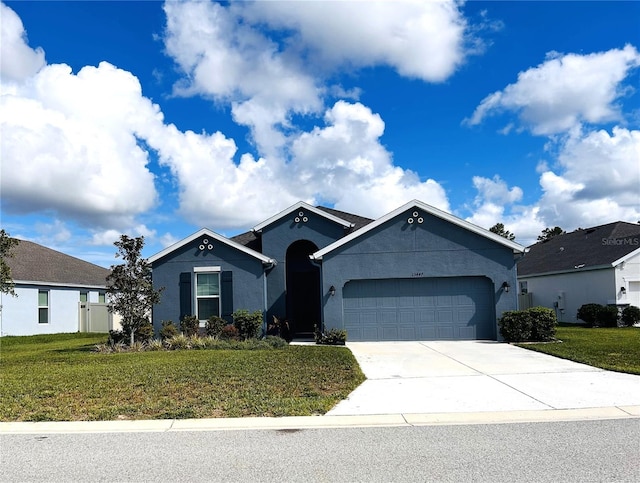 ranch-style house with a front yard and a garage