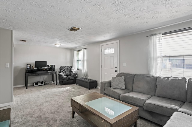 living room with carpet and a textured ceiling