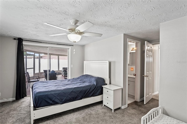 bedroom featuring connected bathroom, carpet floors, and ceiling fan