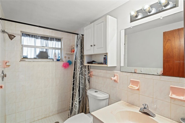 bathroom featuring a shower with shower curtain, vanity, toilet, and tile walls