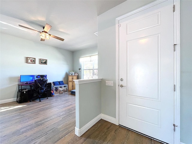 foyer entrance featuring ceiling fan and wood-type flooring