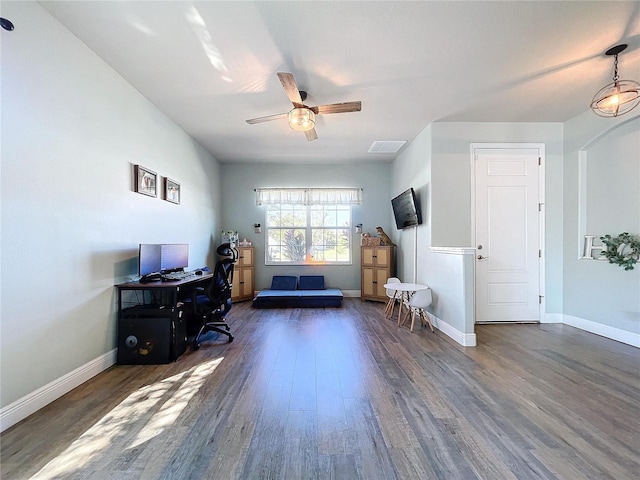 office featuring ceiling fan and dark hardwood / wood-style flooring