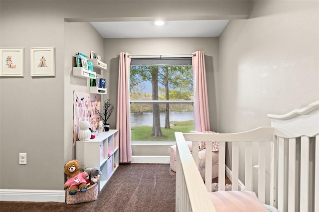 carpeted bedroom featuring a water view