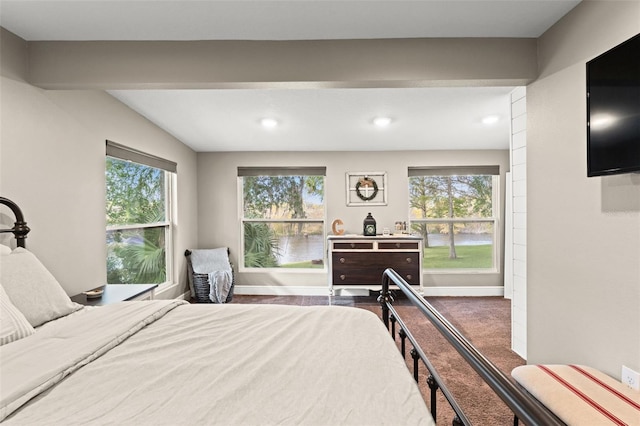 bedroom with dark colored carpet