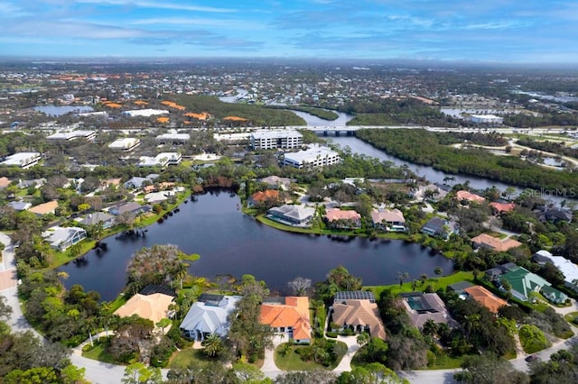 drone / aerial view featuring a water view