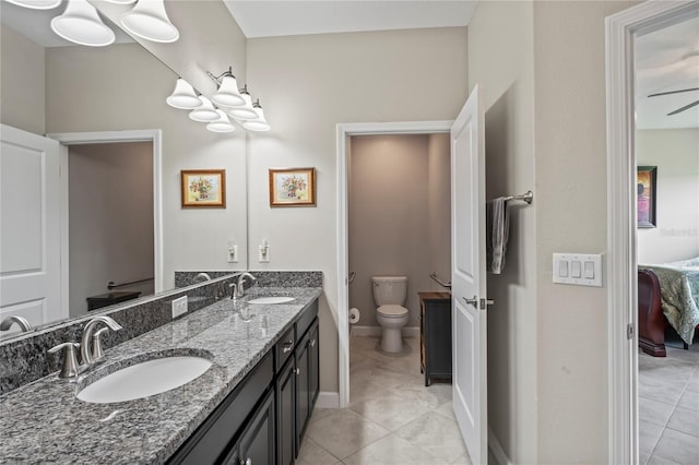 bathroom featuring tile patterned floors, ceiling fan, vanity, and toilet