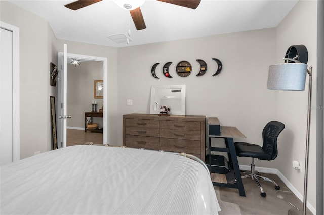 carpeted bedroom featuring ceiling fan