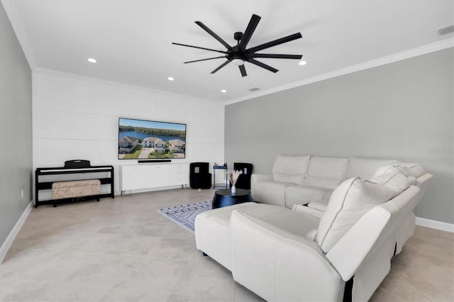 living room with crown molding and ceiling fan