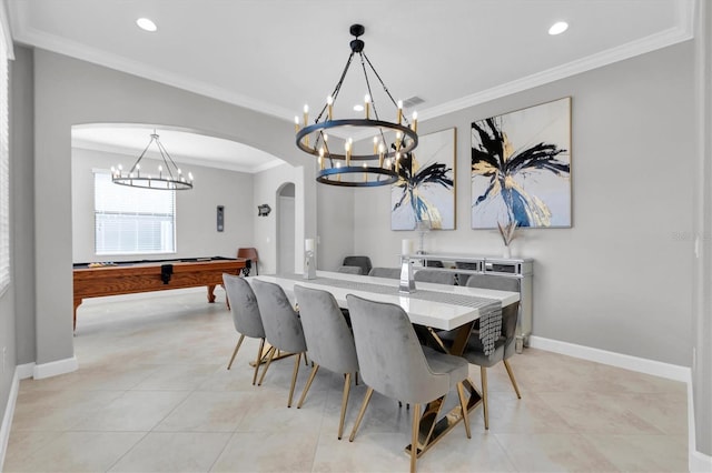 tiled dining room featuring ornamental molding and pool table