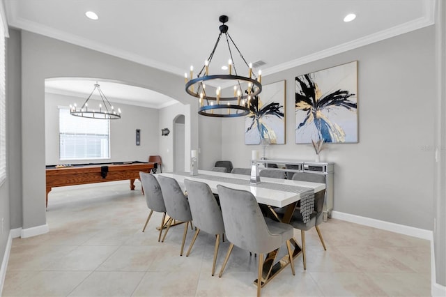 12135 Crestridge Loop, Trinity, FL 34655 - dining area with arched walkways, pool table, a chandelier, and ornamental molding