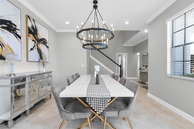 12135 Crestridge Loop, Trinity, FL 34655 - dining area featuring crown molding, a chandelier, recessed lighting, baseboards, and stairway