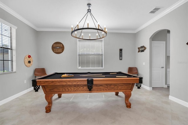 recreation room featuring an inviting chandelier, crown molding, and billiards